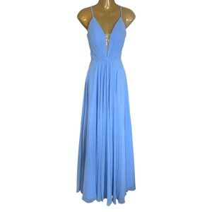 Abby Paris Periwinkle Chiffon Lace Up Back Prom Dress Plunge Formal Gown 0‎